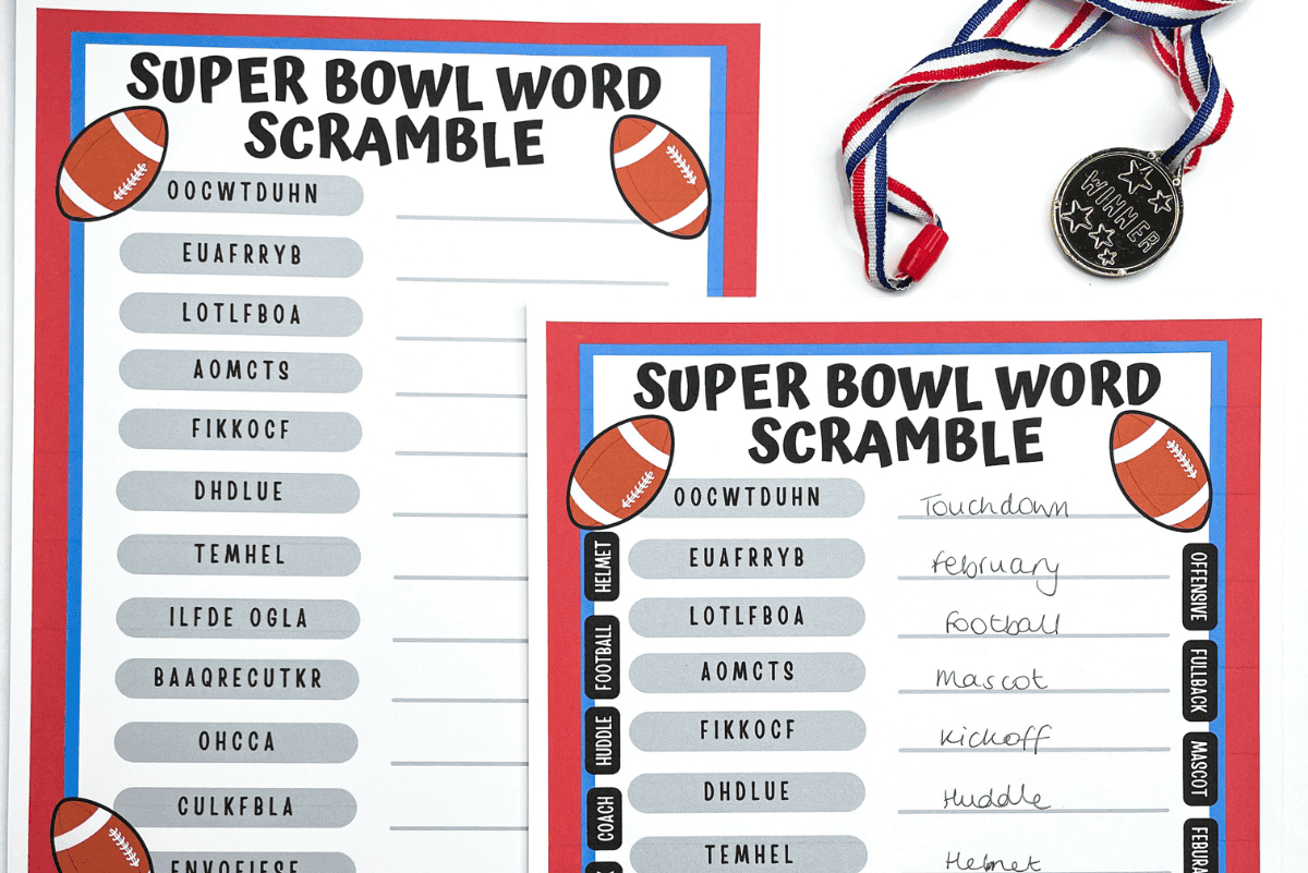 super bowl word scramble printable (easy & hard options)